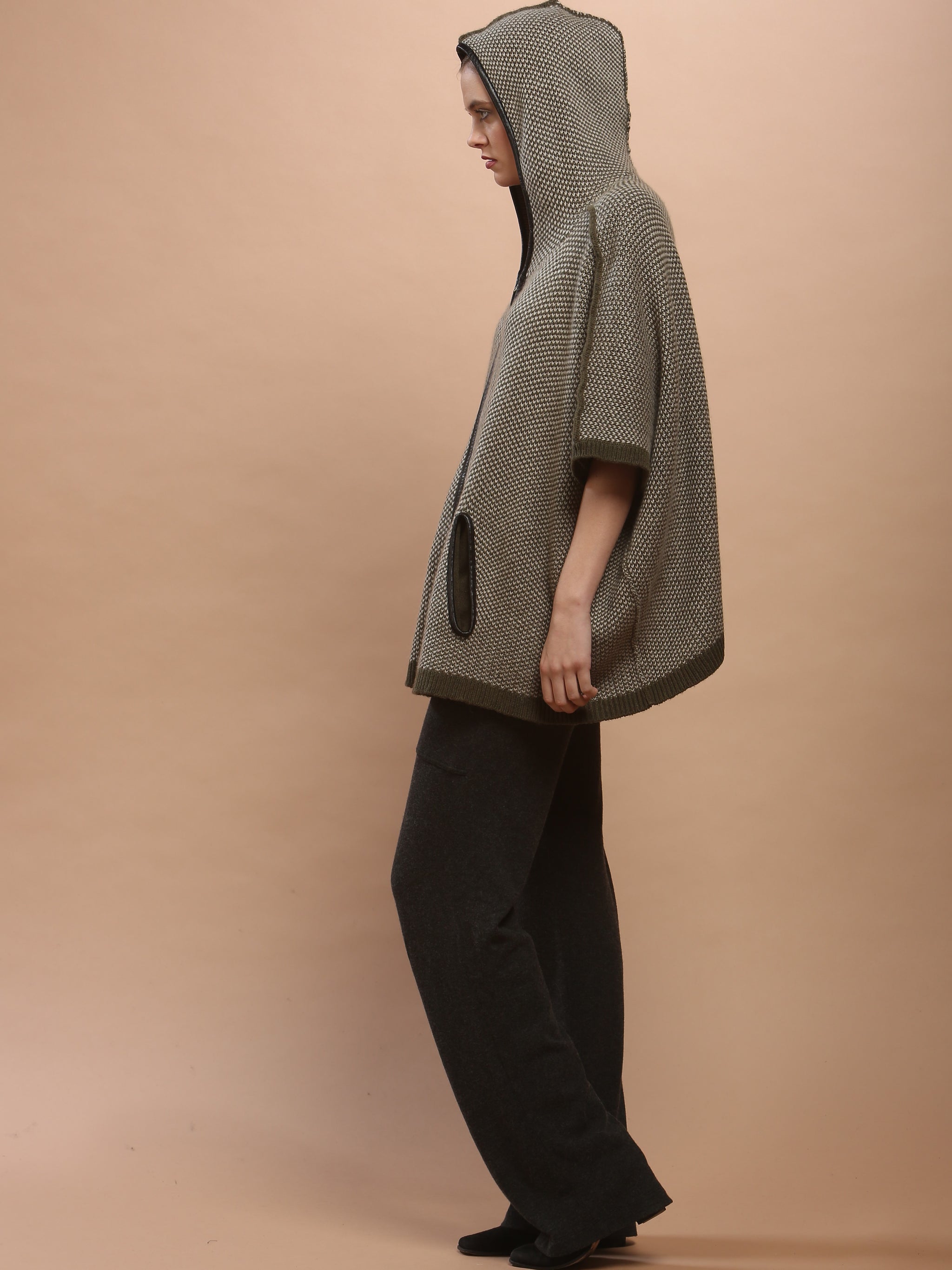 Leather Trimmed Zipped Hoodie Cape – Zoe Couture Cashmere