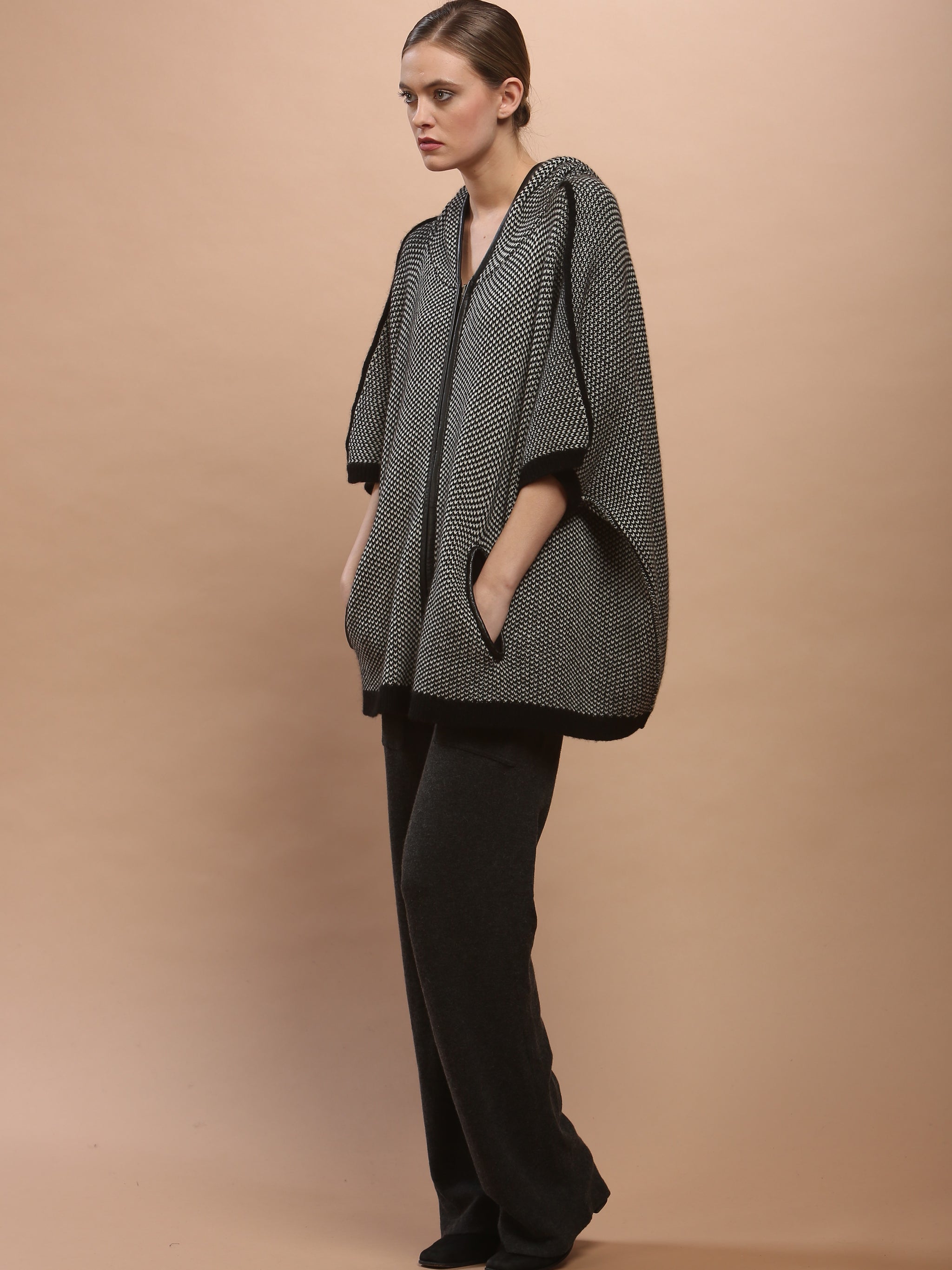 Leather Trimmed Zipped Hoodie Cape – Zoe Couture Cashmere