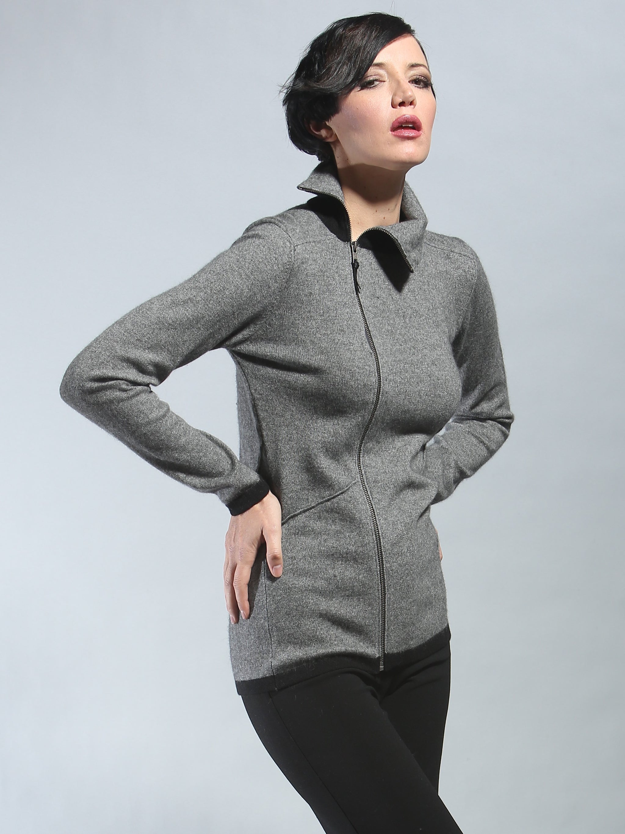 theredthread zip asymmetric tops グレー Turtleneck Asymmetrical Zip Cardigan – Zoe Couture Cashmere